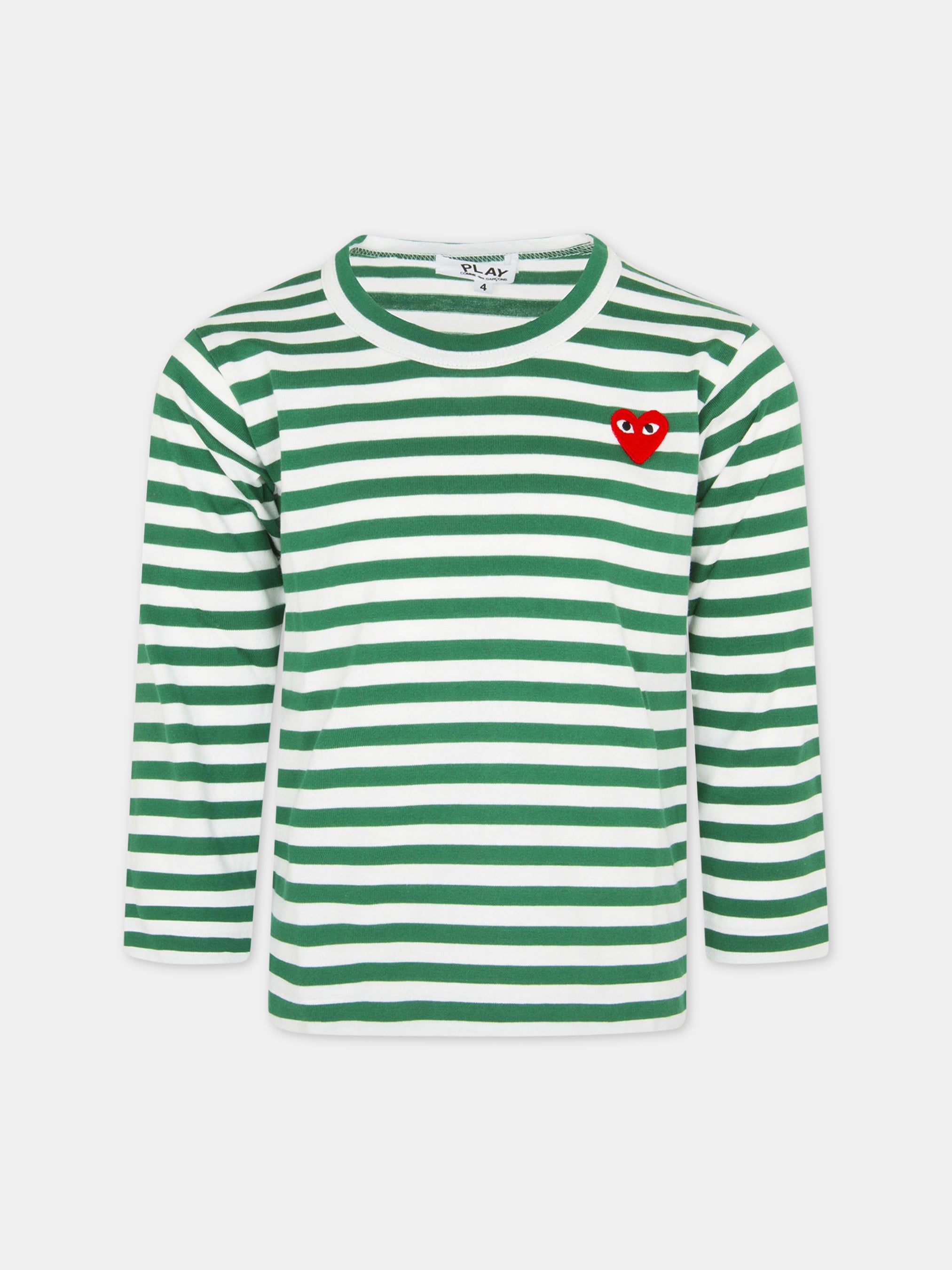 Comme Des Garçons Play Kids 하트가 있는 흰색과 초록색 줄무늬 티셔츠