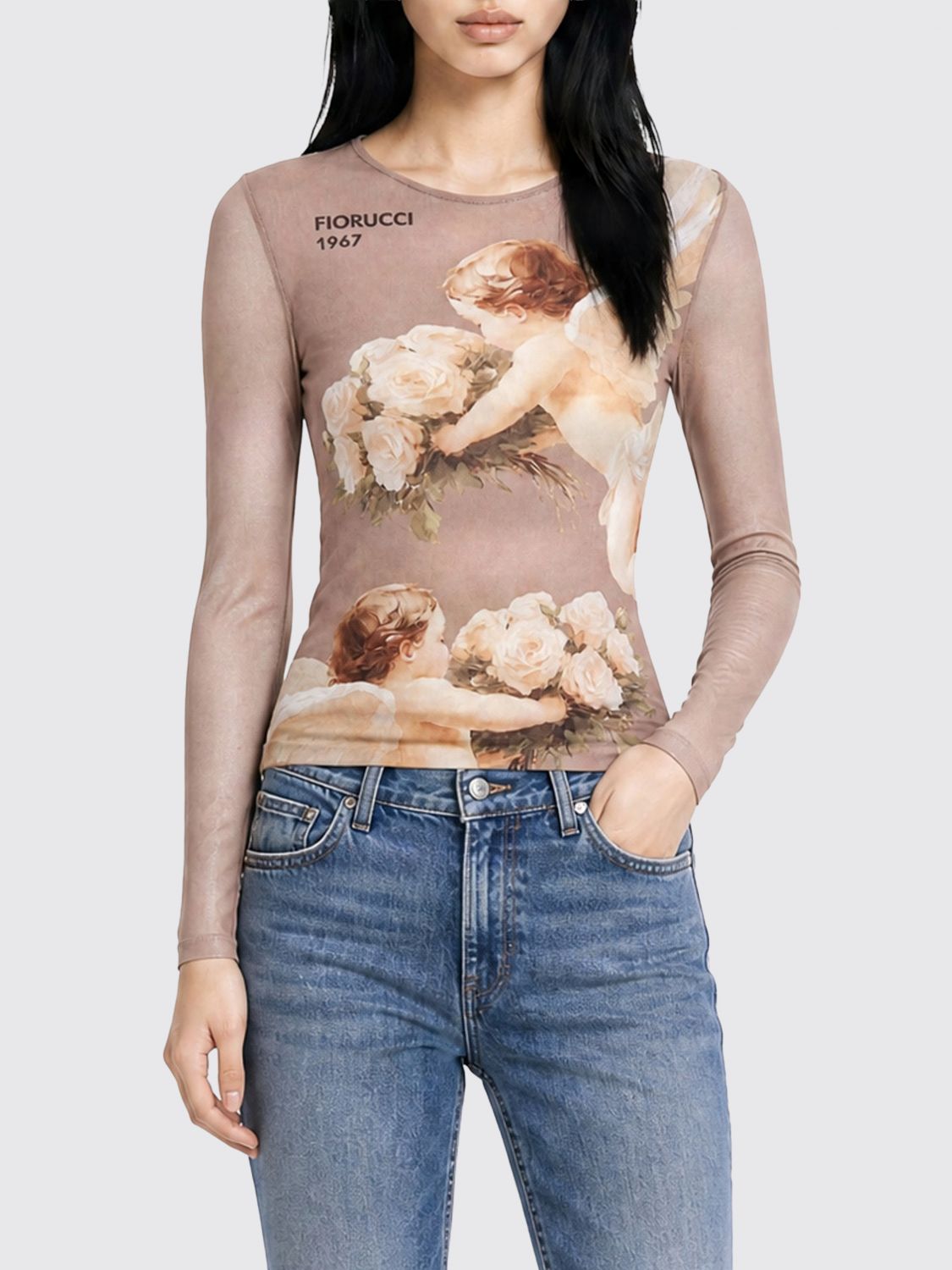 FIORUCCI 그래픽 프린트 슬림 핏 롱슬리브 탑 피오루치