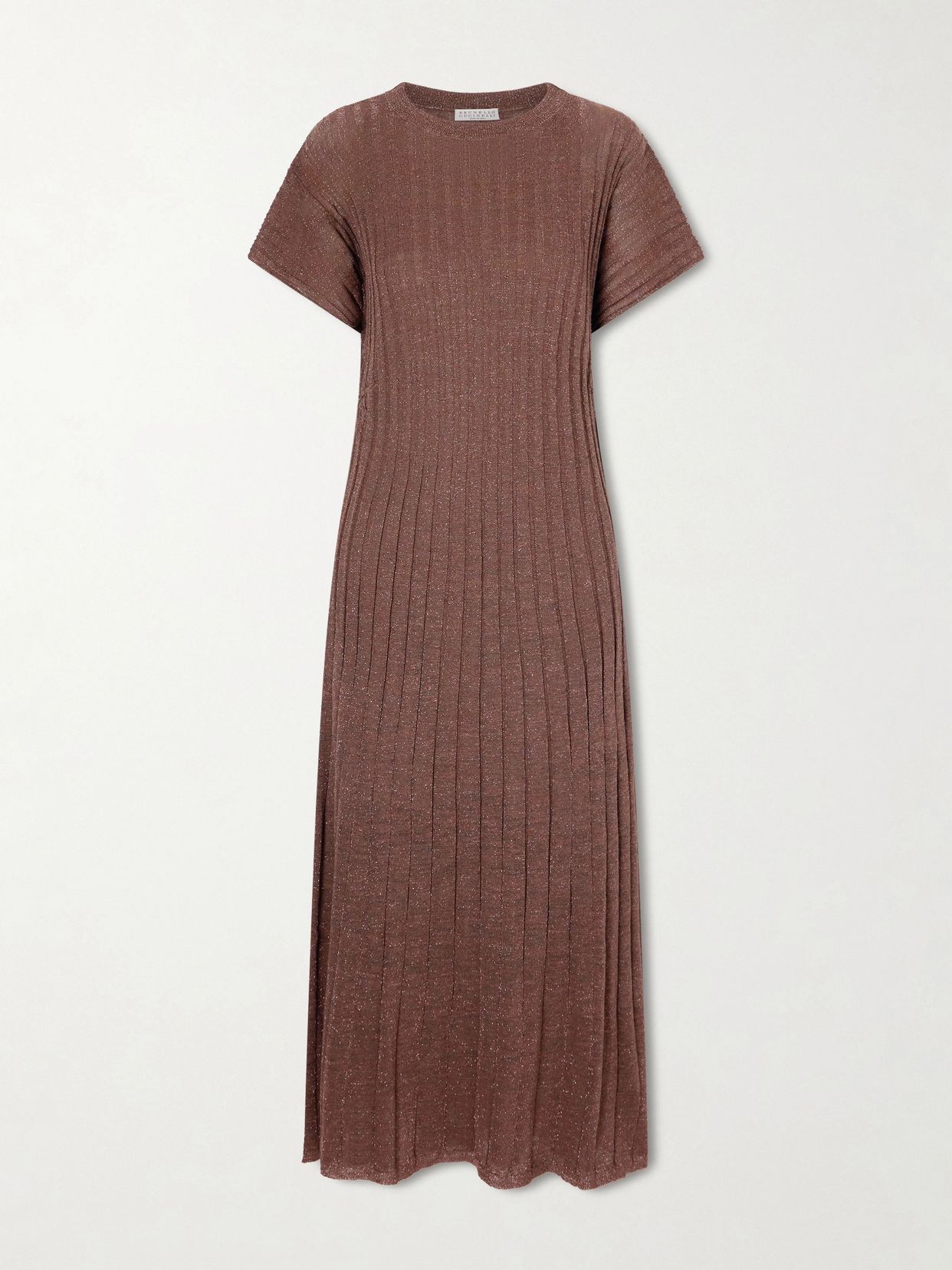 BRUNELLO CUCINELLI 메탈릭 리브드 니트 미디 드레스
