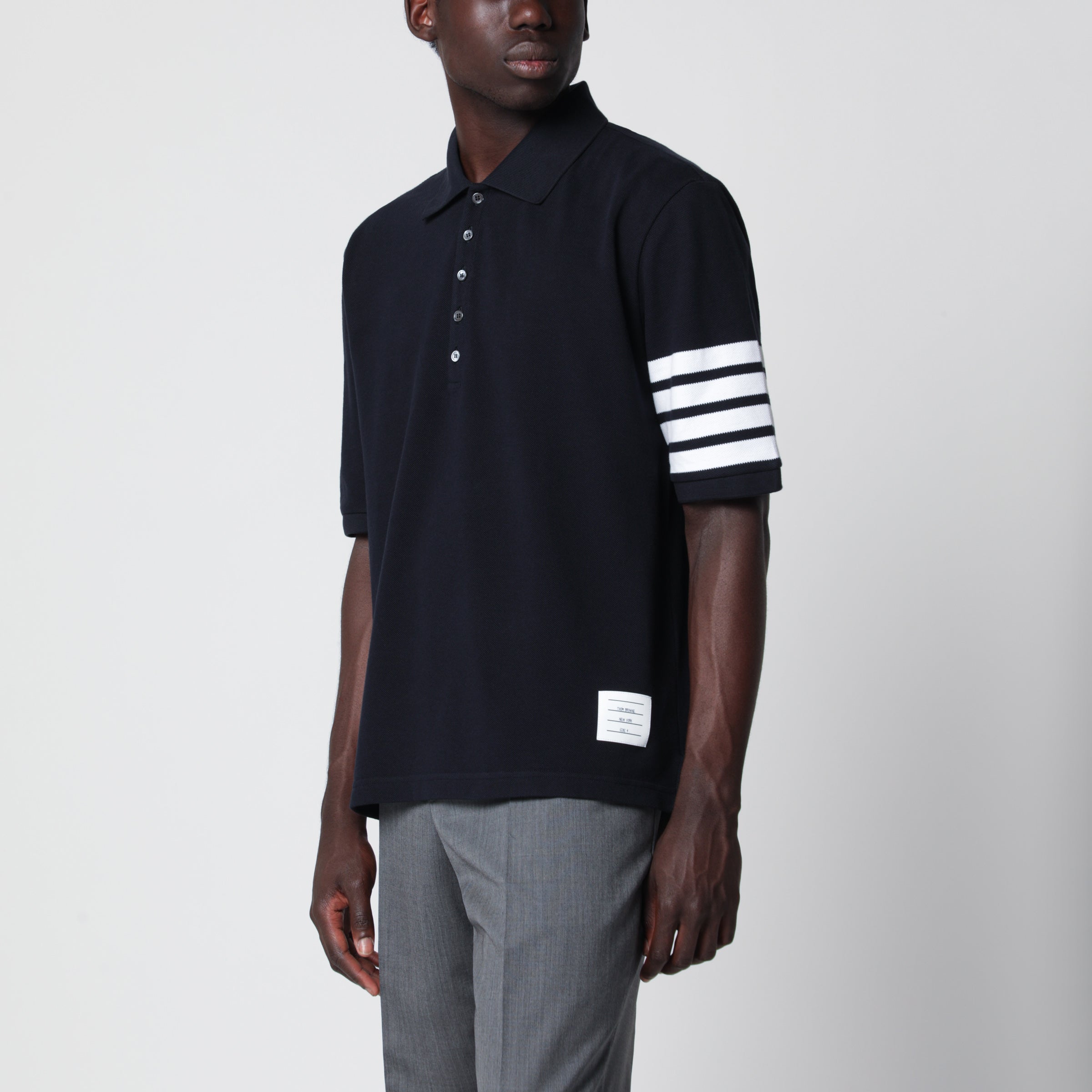 THOM BROWNE 네이비 블루 코튼 폴로 셔츠
