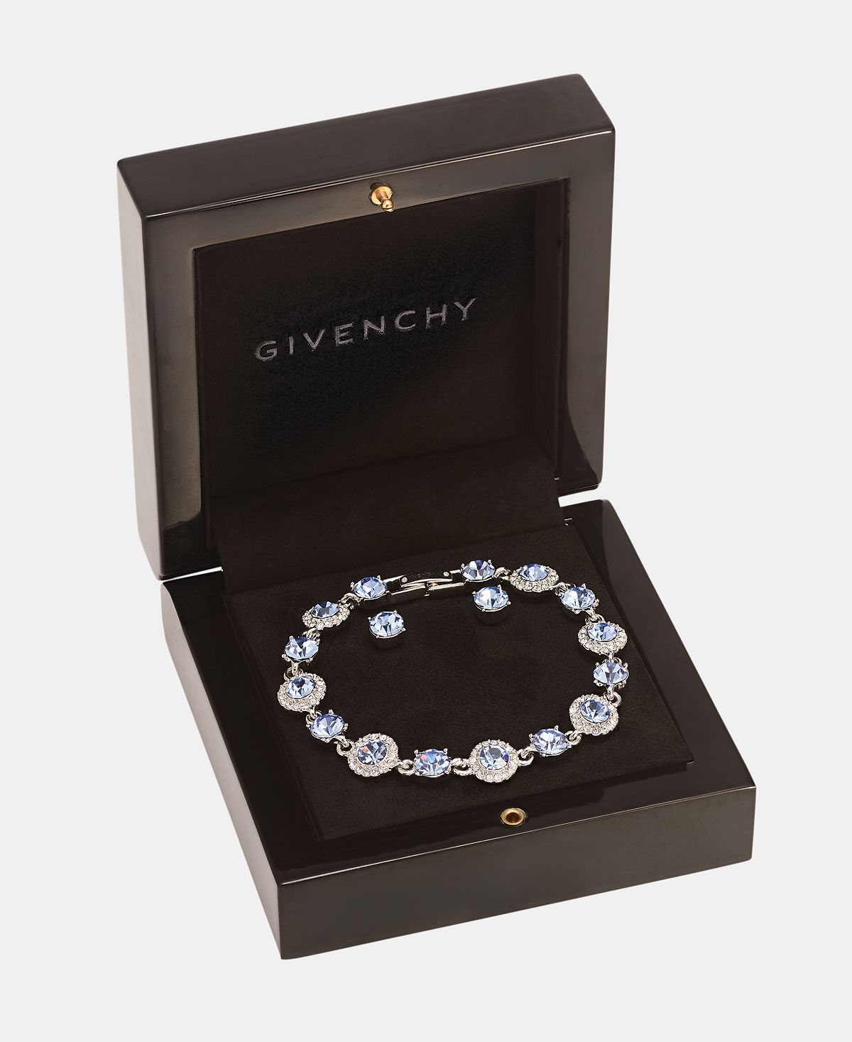GIVENCHY 골드톤 박스 블루 파베 할로 브레이슬릿 앤 귀걸이 세트