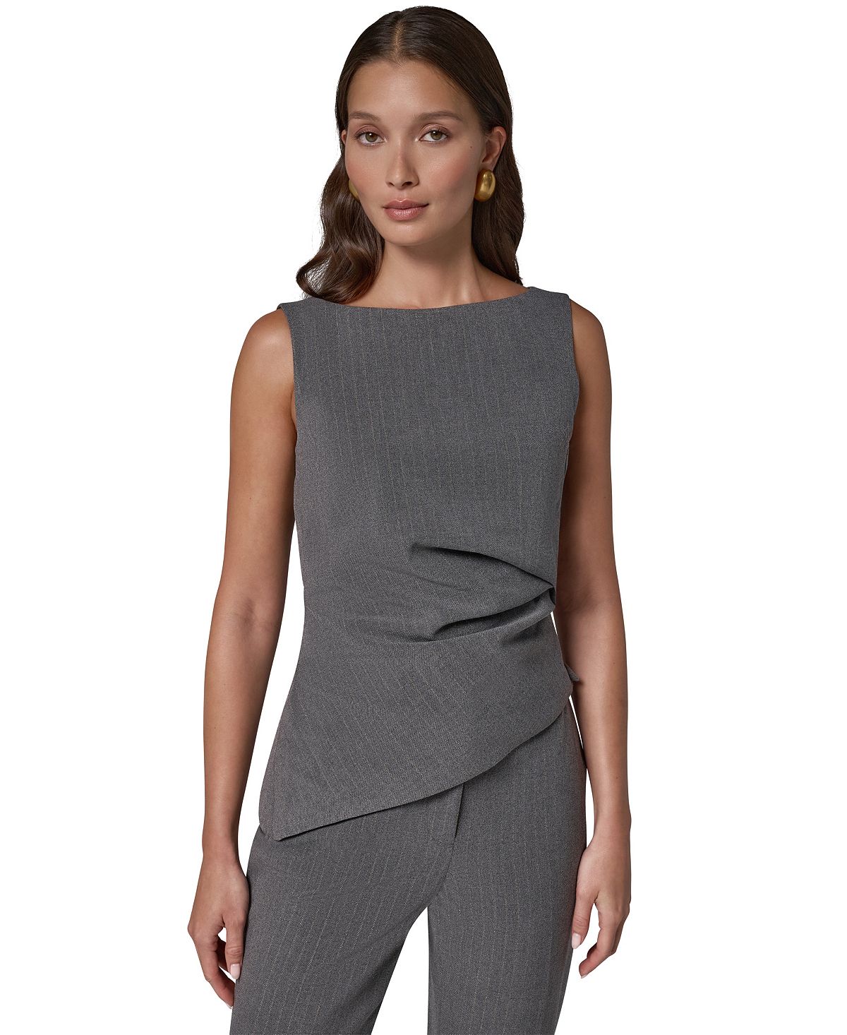 Donna Karan/ DK  여성 보트넥 민소매 비대칭 블라우스