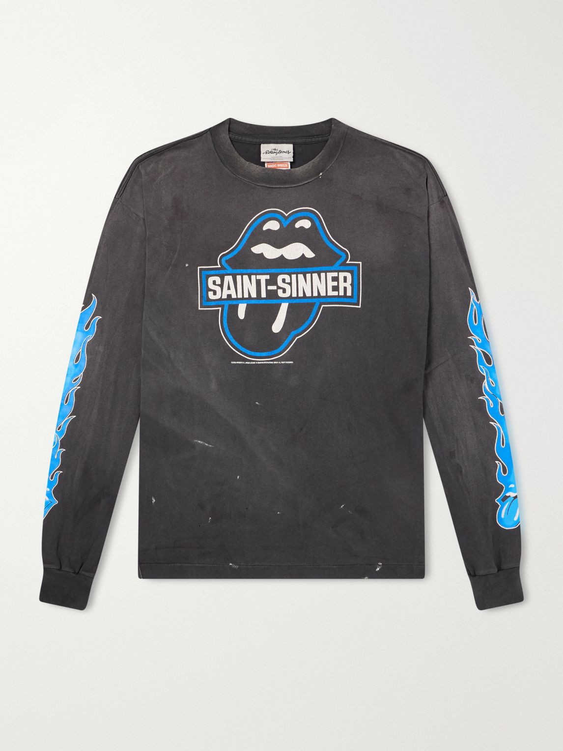 Saint Michael + 더 롤링 스톤즈 파이어 프린트 디스트레스드 코튼 저지 티셔츠