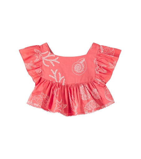 Poupette St Barth Kids 사이카스 프린트 러플 코튼 탑