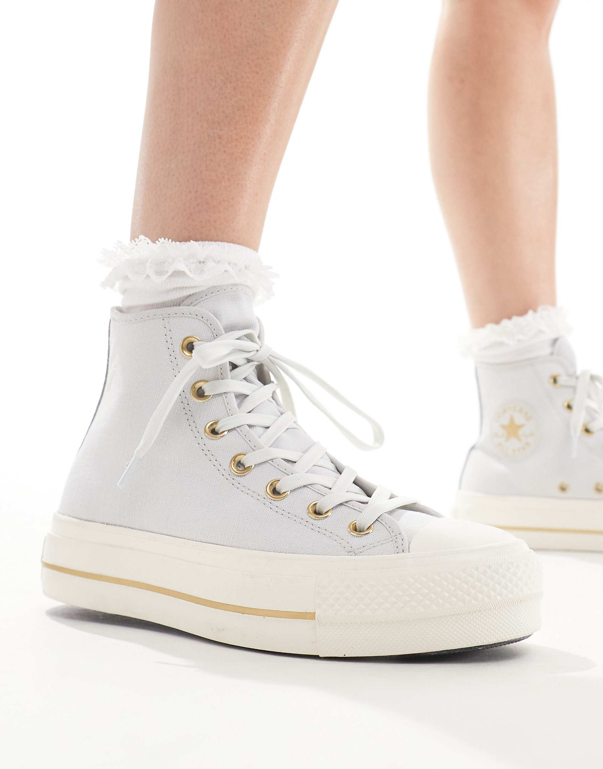 CONVERSE 척 테일러 올 스타 리프트 하이탑 스니커즈 그레이 골드 디테일