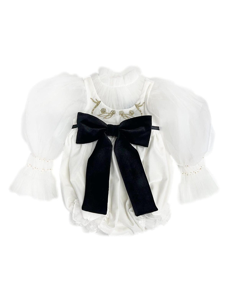 Petite Maison Kids 유니섹스 피티트 메종 오로라 아이보리 벨루어 롬퍼 튤 퍼프 슬리브