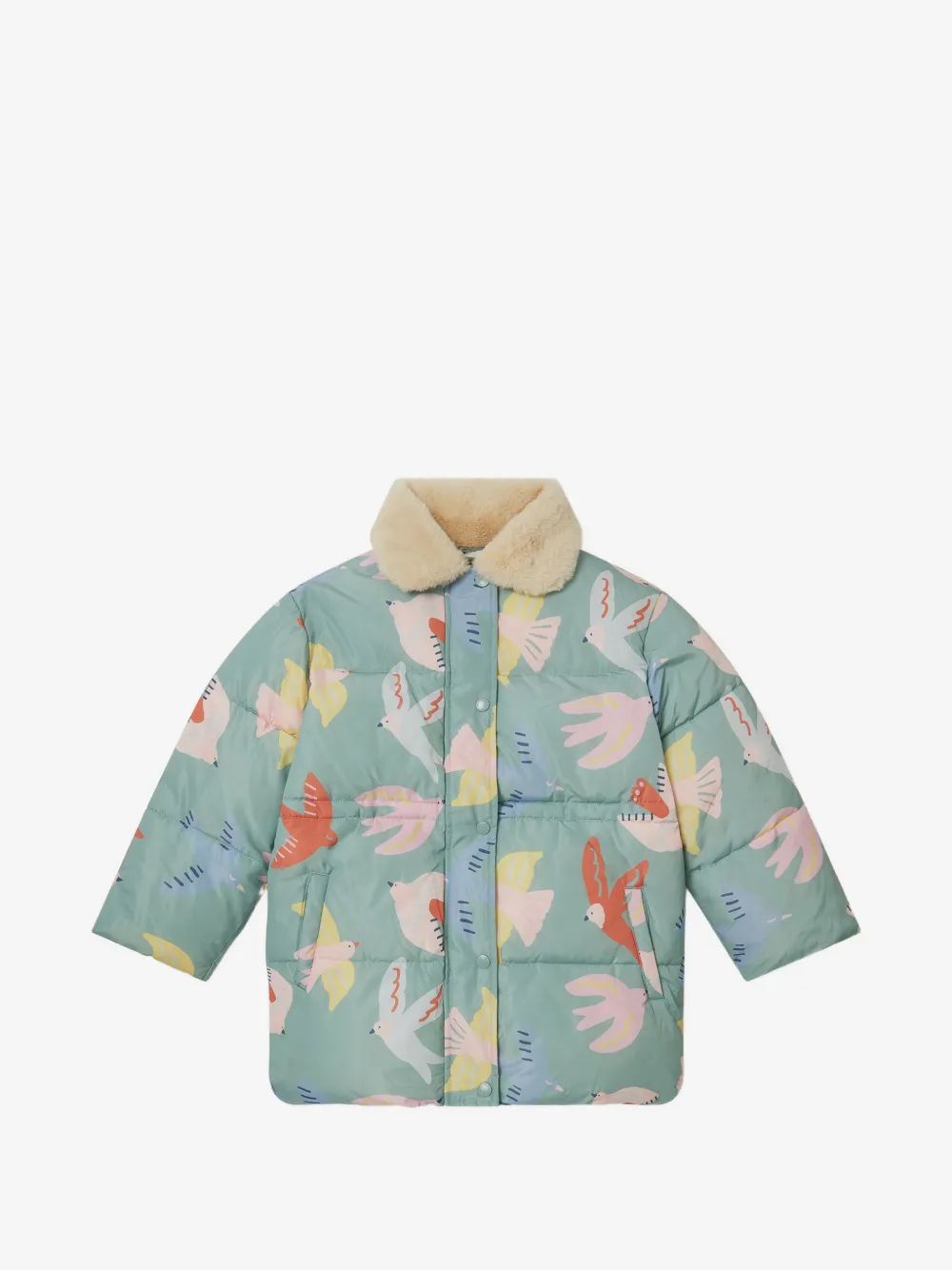 Stella McCartney Kids 비둘기 프린트 페이크 퍼 카라 코트