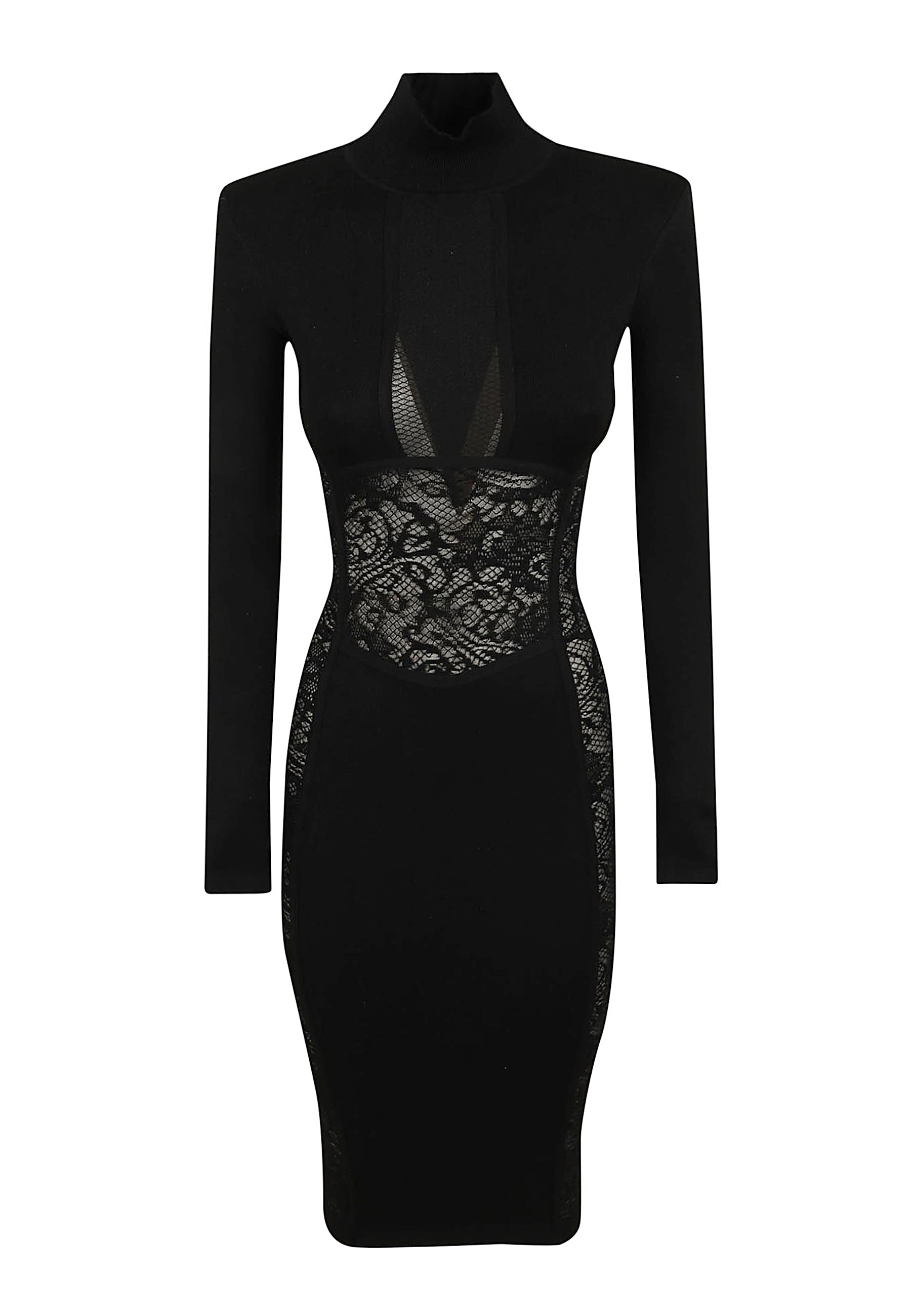 ELISABETTA FRANCHI 리브드 터틀넥 시스루 레이스 니트 원피스