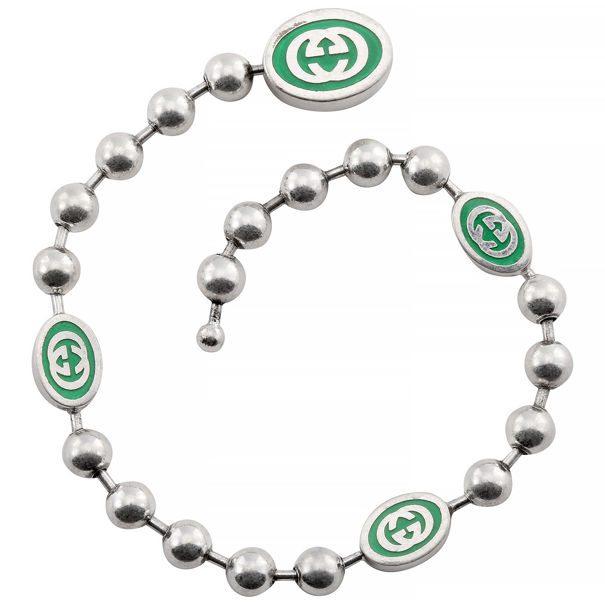 GUCCI Ladies Interlocking G Green Enamel Silver Boule Chain Bracelet