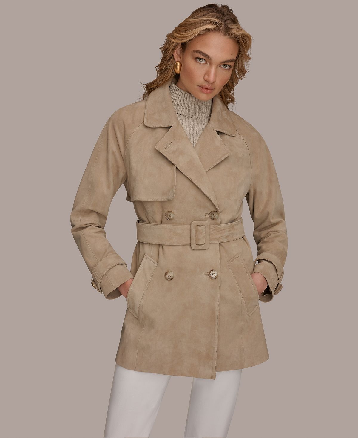 Donna Karan/ DK  여성 더블 브레스티드 벨트 스웨이드 트렌치 코트