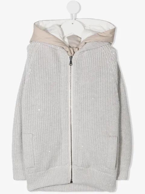Brunello Cucinelli Kids 후드 리브드 니트 코트