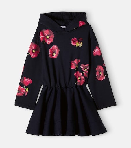 Dolce & Gabbana Kids 플로럴 후드 코튼 스웨트셔츠 원피스
