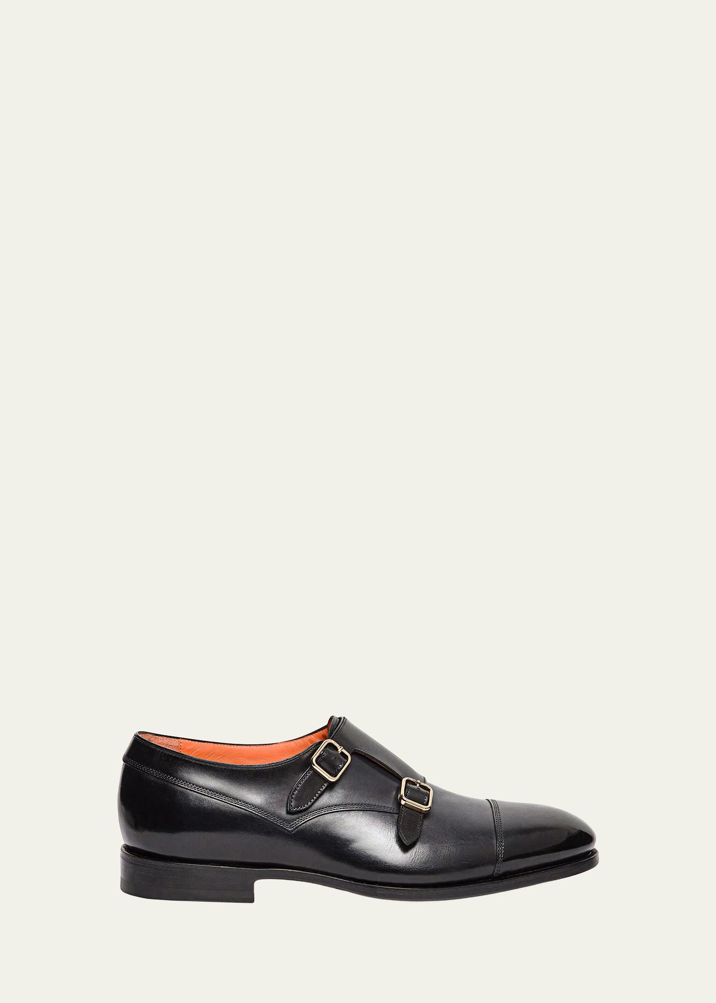 SANTONI 남성 젠틸 더블 몽크 스트랩 가죽 로퍼