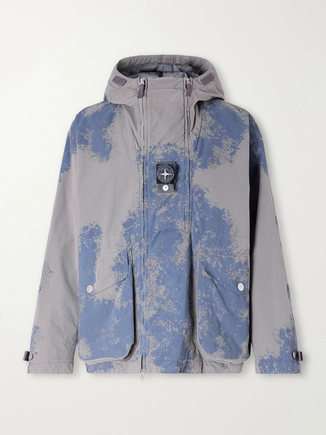 STONE ISLAND 가먼트 다이 하늘색 페인트 스플래터드 셸 후드 파카