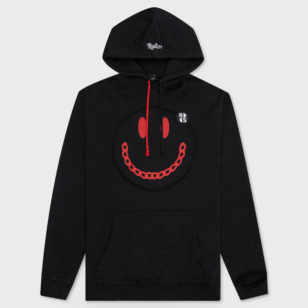RAF SIMONS 스마일리 프린트 디스트로이 워시드 레귤러 핏 후드티