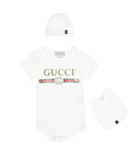 Gucci Kids 유아 코튼 바디수트 턱받이 모자 세트