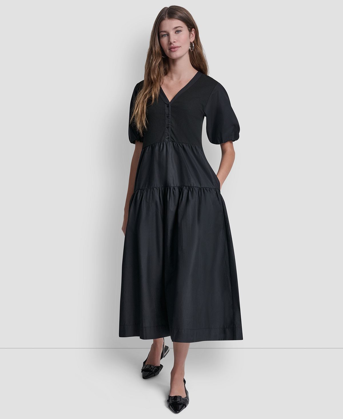 DKNY 리브 헨리 퍼프 슬리브 미디 드레스