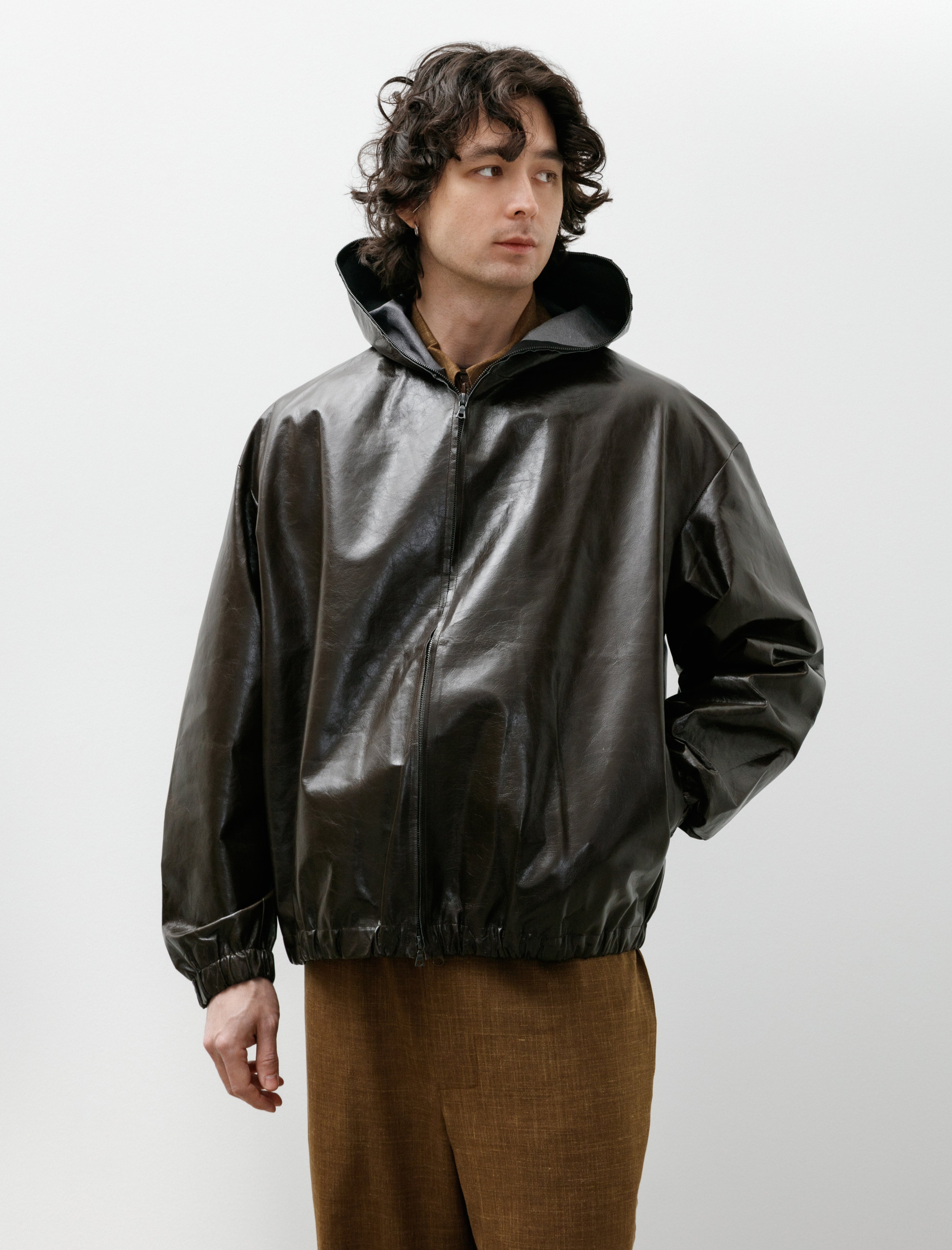 Gabriela Coll Garments 레더 후드 지퍼 자켓 다크 브라운