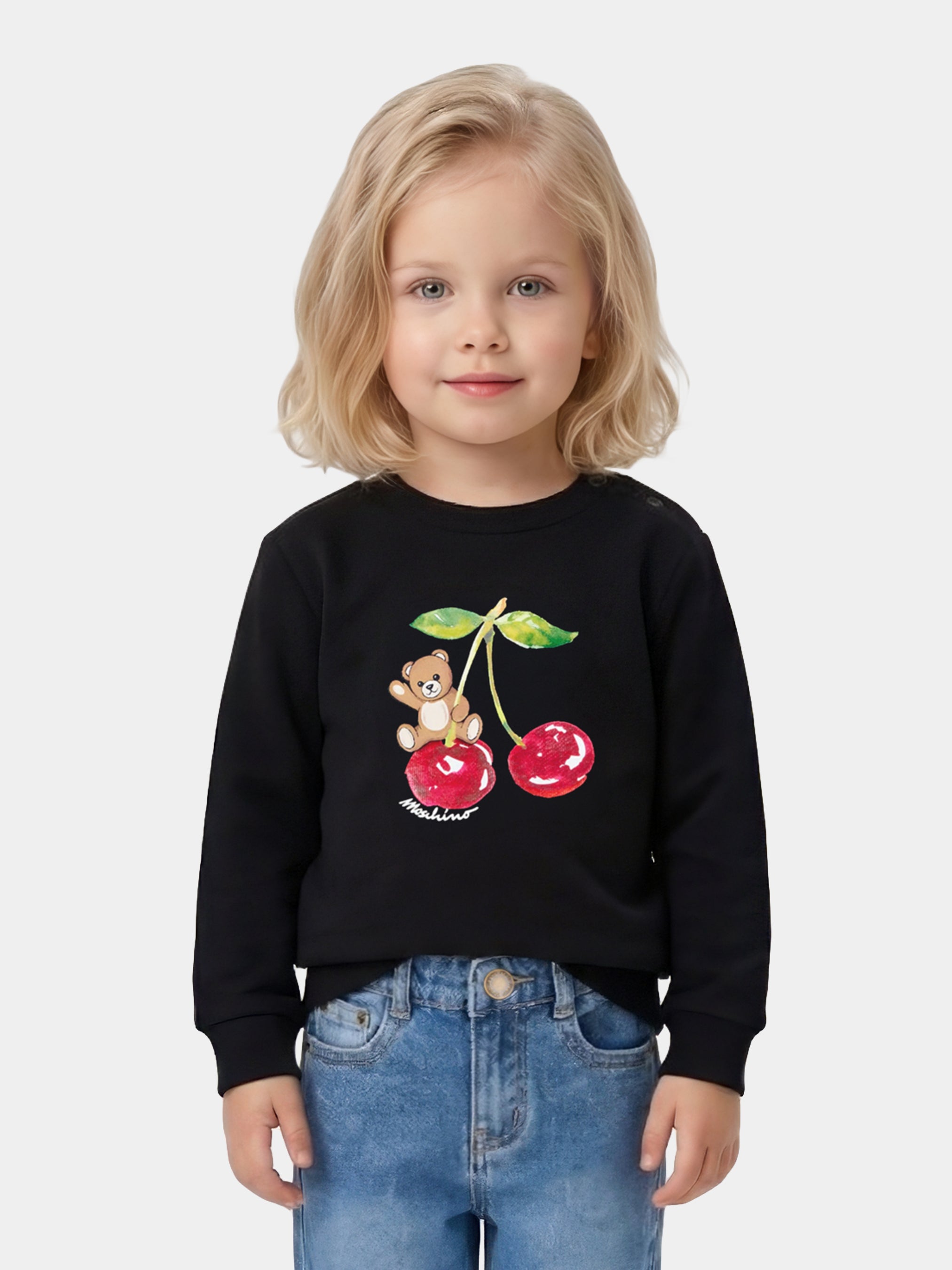 Moschino Kids 베이비 여자용 블랙 스웨트셔츠 테디베어