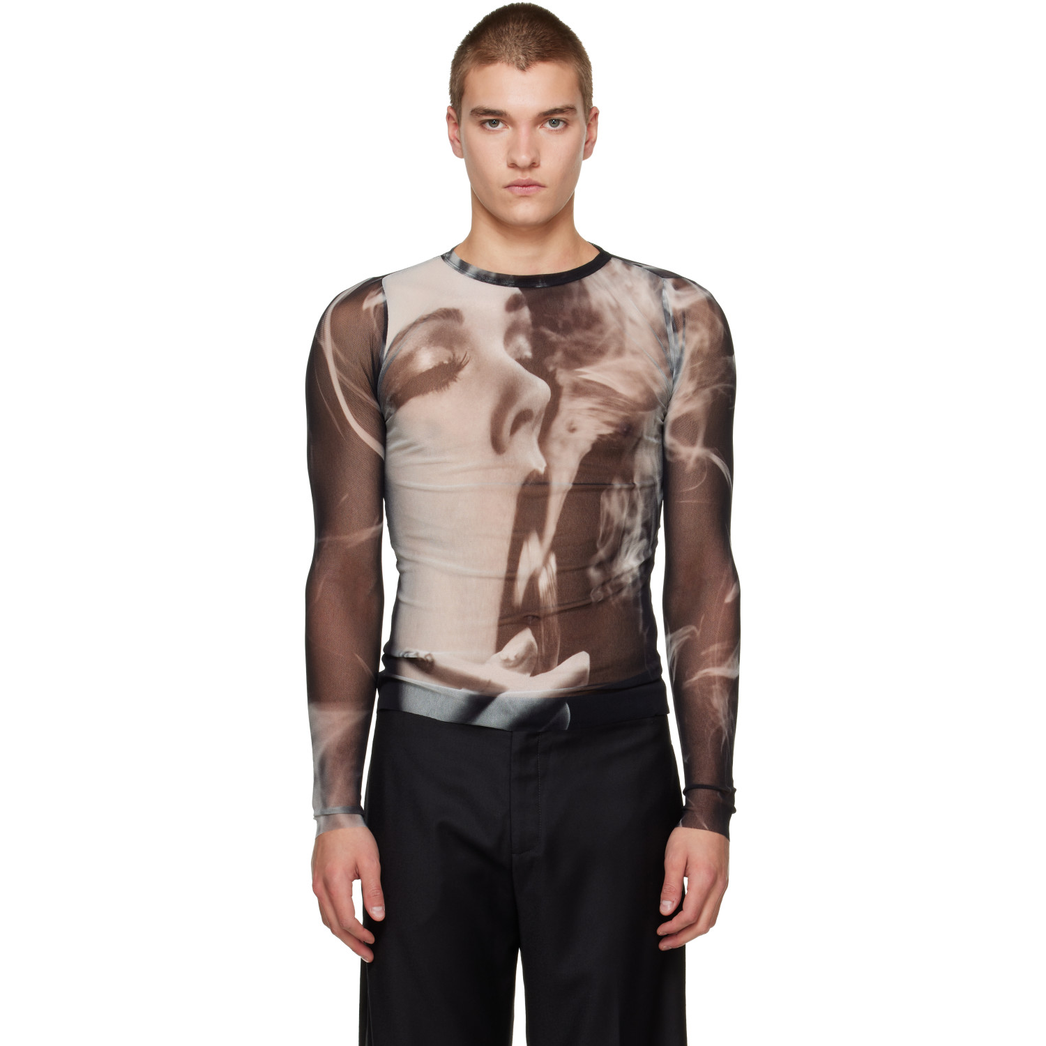 JEAN PAUL GAULTIER 블랙 앤 그레이 더 스모킹 우먼 티셔츠