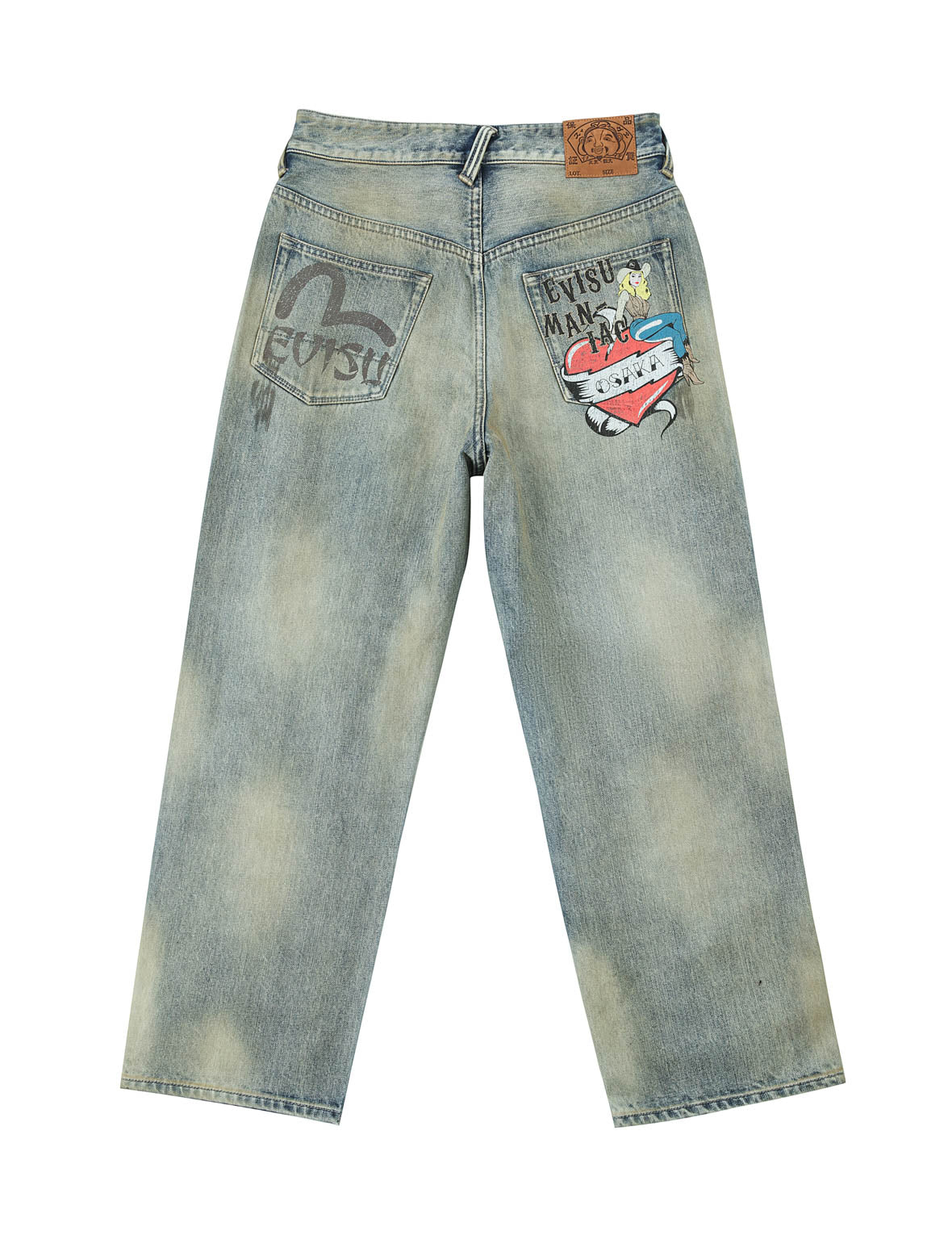 EVISU 빈티지 워시드 디스트레스 하트 프린트 청바지