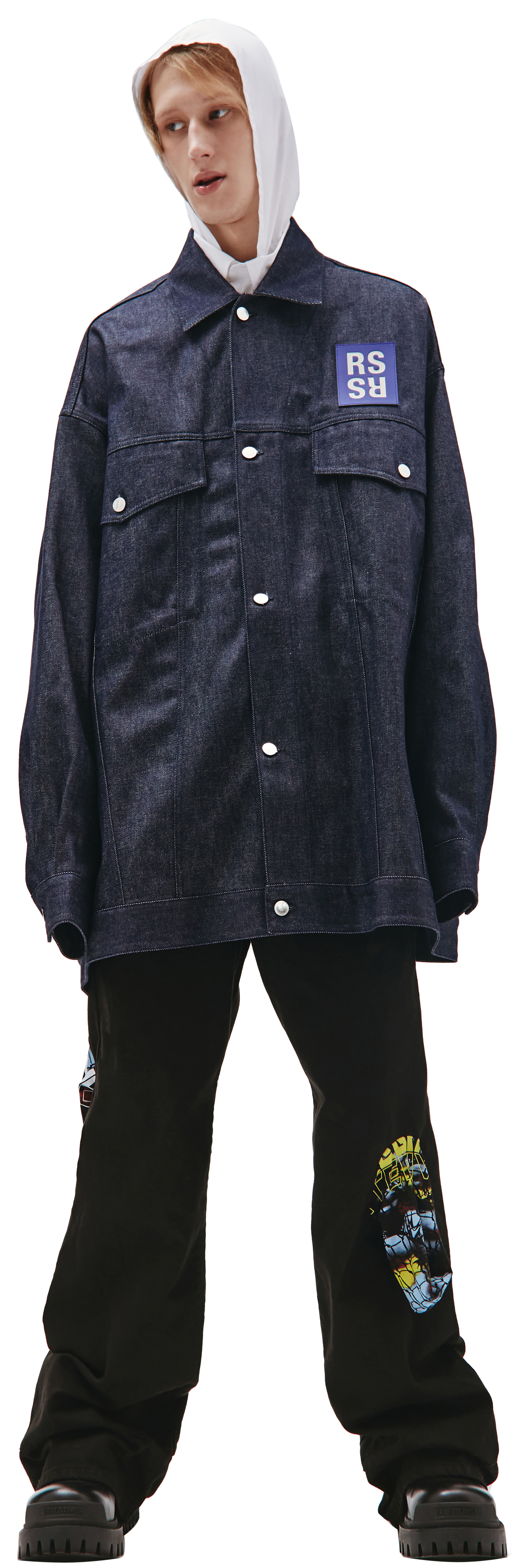 RAF SIMONS 네이비 블루 로고 데님 셔츠 자켓