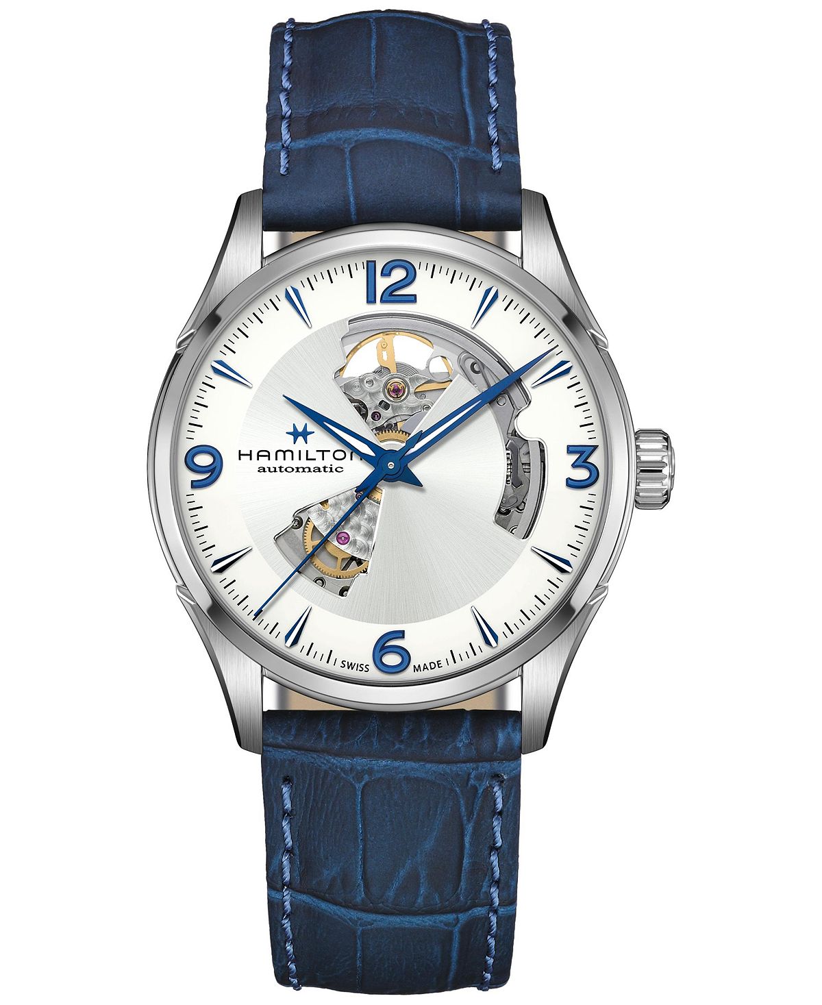 HAMILTON 남성 스위스 오토매틱 재즈마스터 오픈 하트 블루 가죽 스트랩 시계 42mm