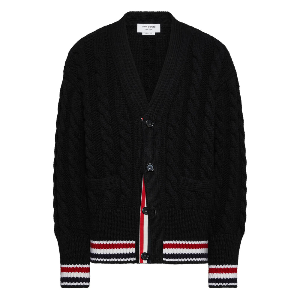 THOM BROWNE 메리노 베이비 케이블 스티치 RWB 스트라이프 가디건