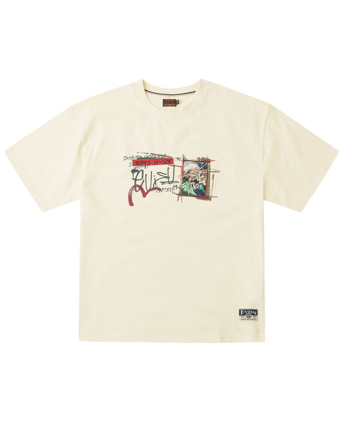 EVISU 핸드라이팅 플라잉 드래곤 자수 테두리 티셔츠