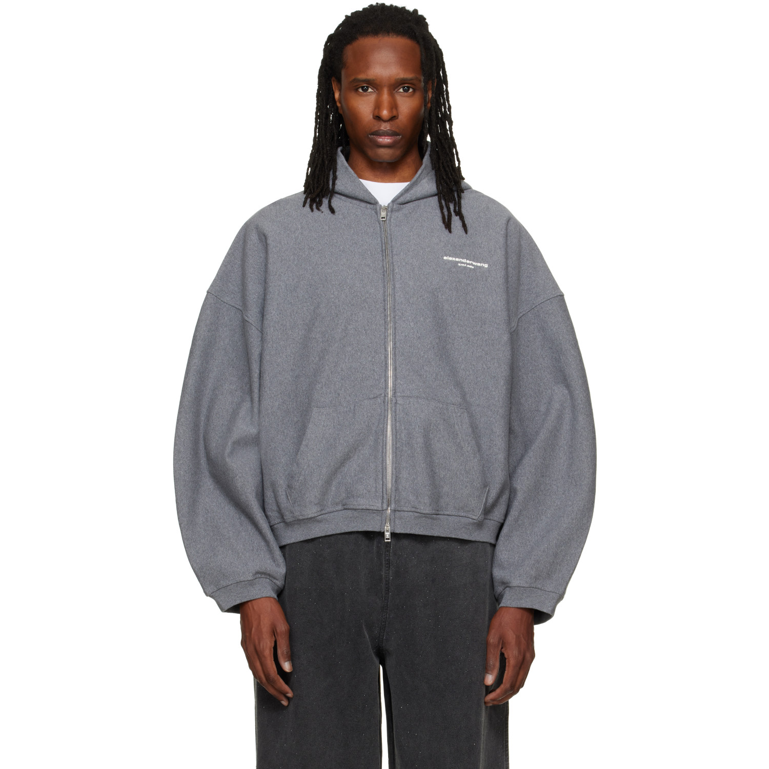 ALEXANDER WANG 그레이 로고 프린트 오버사이즈 집업 후드
