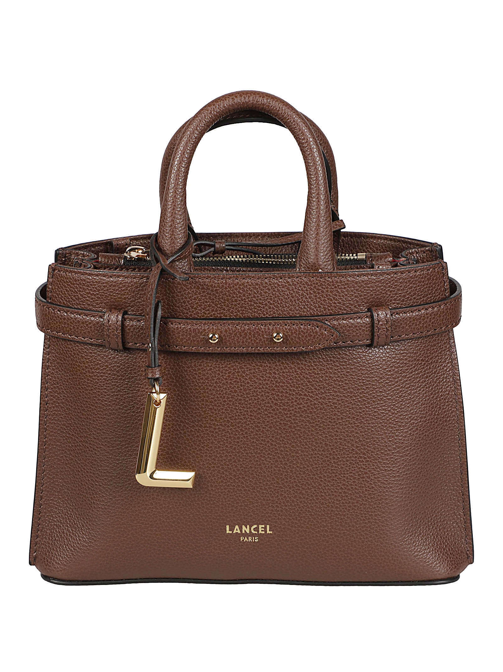 LANCEL 텍스처드 브라운 소가죽 지퍼 캐리올 백