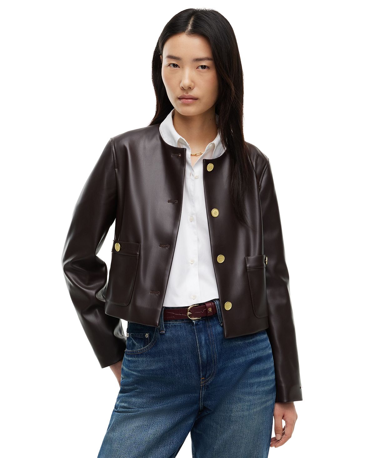 TOMMY HILFIGER 여성 페이크 레더 롱슬리브 자켓