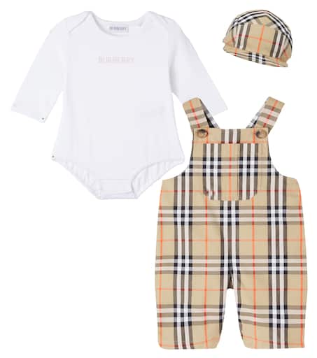 Burberry Kids 아기 코튼 야구 모자 바디수트 오버롤 세트