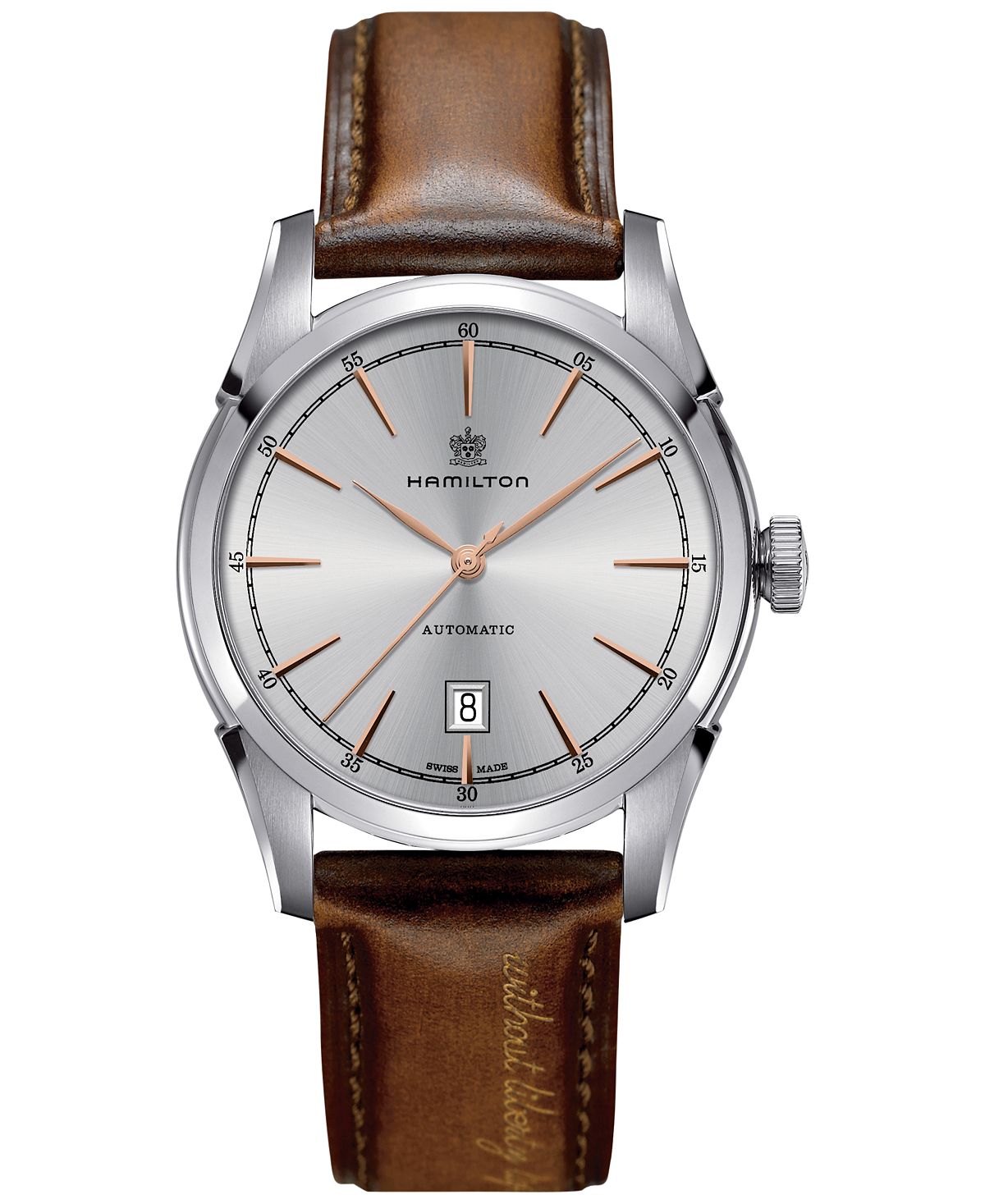 HAMILTON 스위스 자동 남성 리버티 갈색 송아지 가죽 스트랩 시계 42mm H42415551