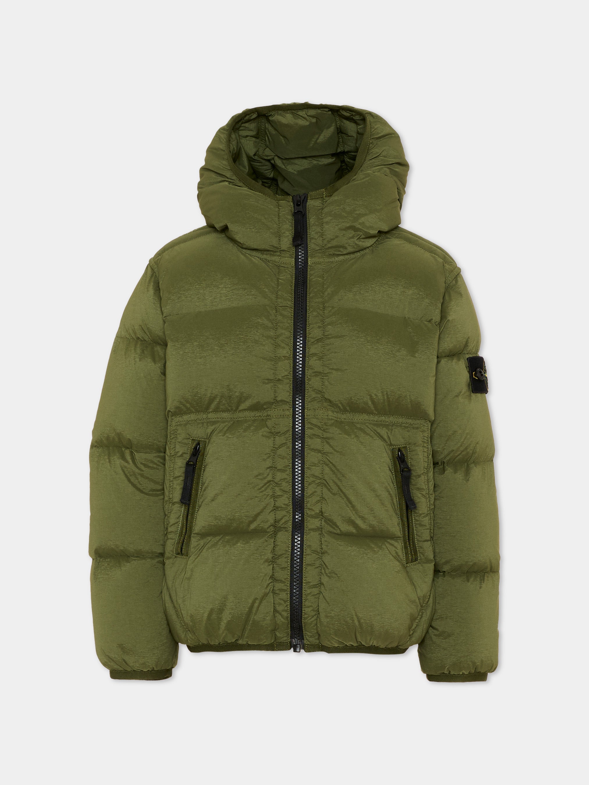 Stone Island Junior 그린 퍼프 재킷 로고 패치