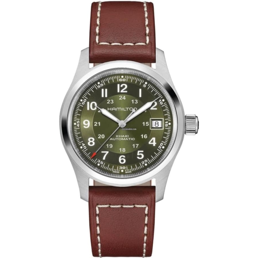 HAMILTON 카키 필드 오토 38MM 그린 다이얼 가죽 스트랩 남성 시계 H70455560