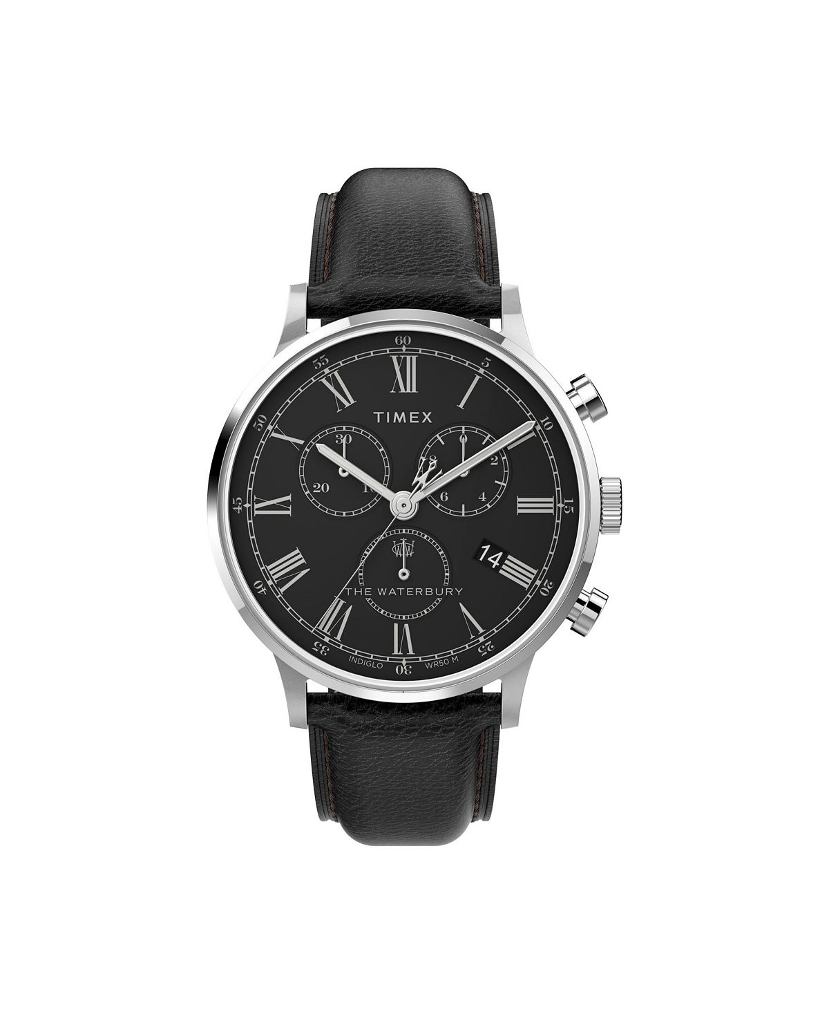 TIMEX 남성 워터버리 블랙 가죽 스트랩 시계 40mm