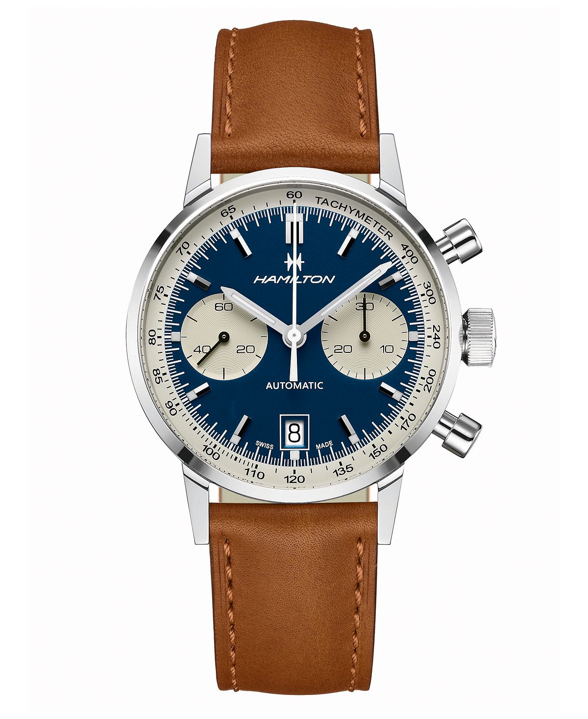 HAMILTON 스위스 자동 크로노그래프 인트라 매틱 브라운 가죽 스트랩 시계 40mm