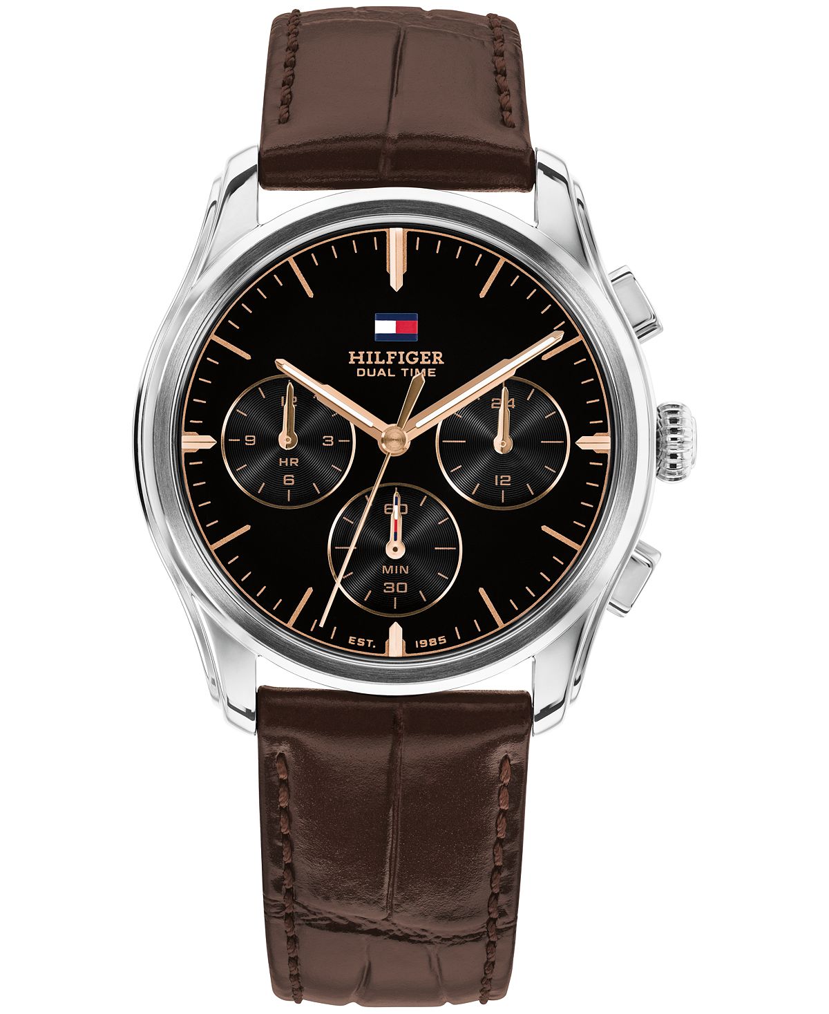 TOMMY HILFIGER 남성 다기능 다크 브라운 가죽 스트랩 시계 38mm