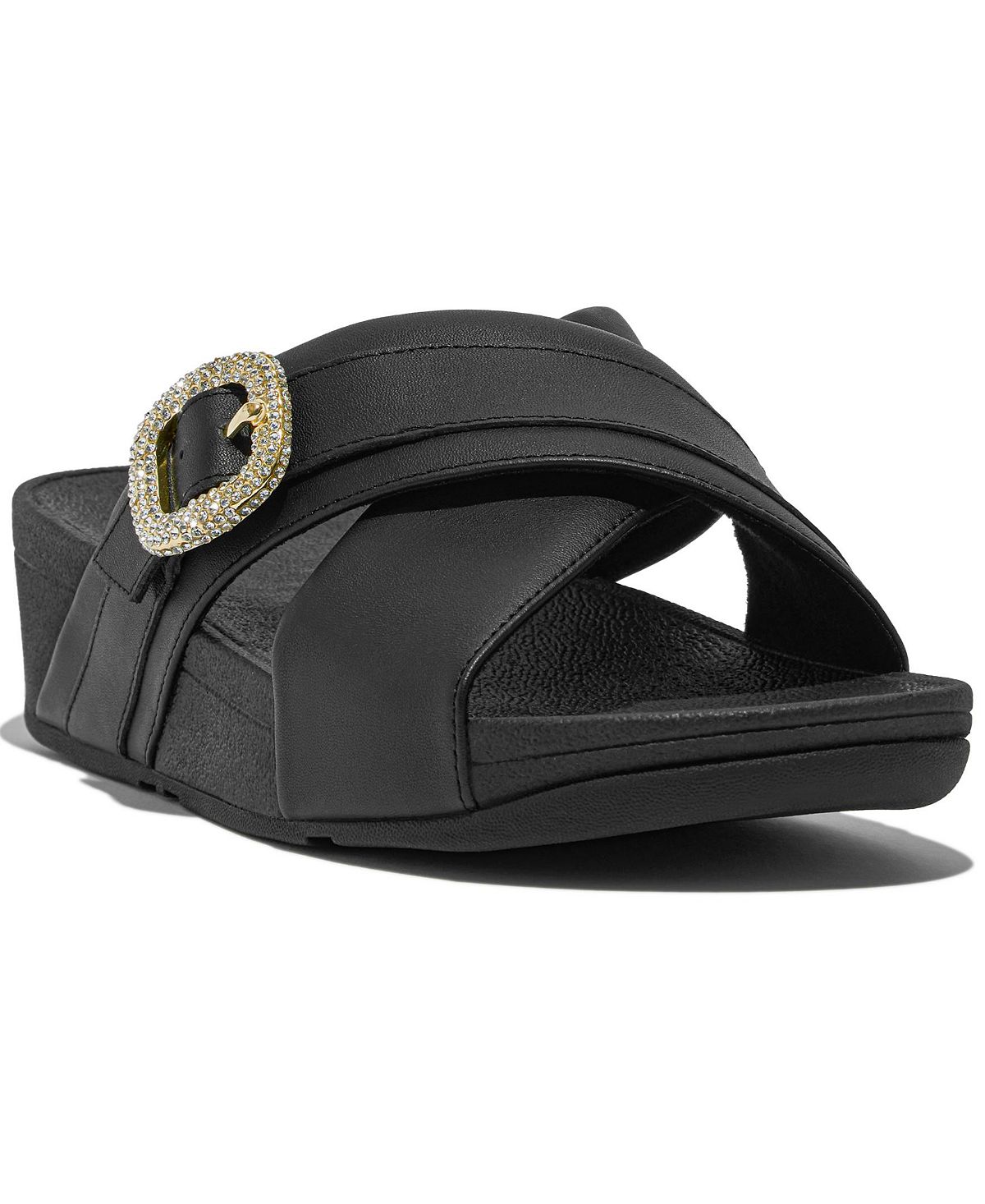 FITFLOP 여성 루루 크리스탈 버클 가죽 크로스 슬라이드 플랫