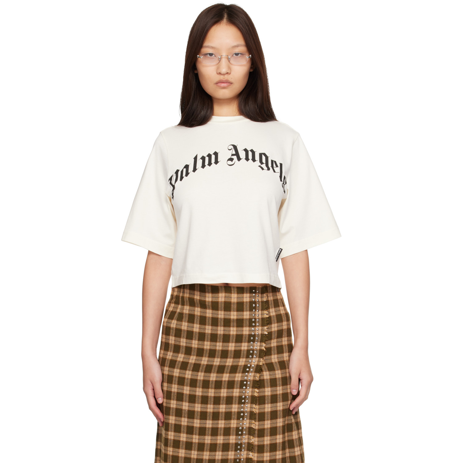 PALM ANGELS 오프 화이트 커브드 로고 박시 티셔츠