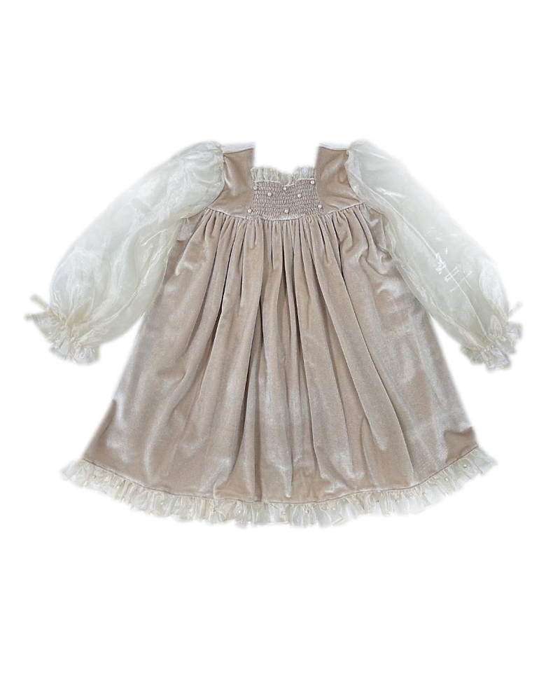 Petite Maison Kids 헬레나 벨루어 드레스 오간자 퍼프 슬리브 아기 어린이