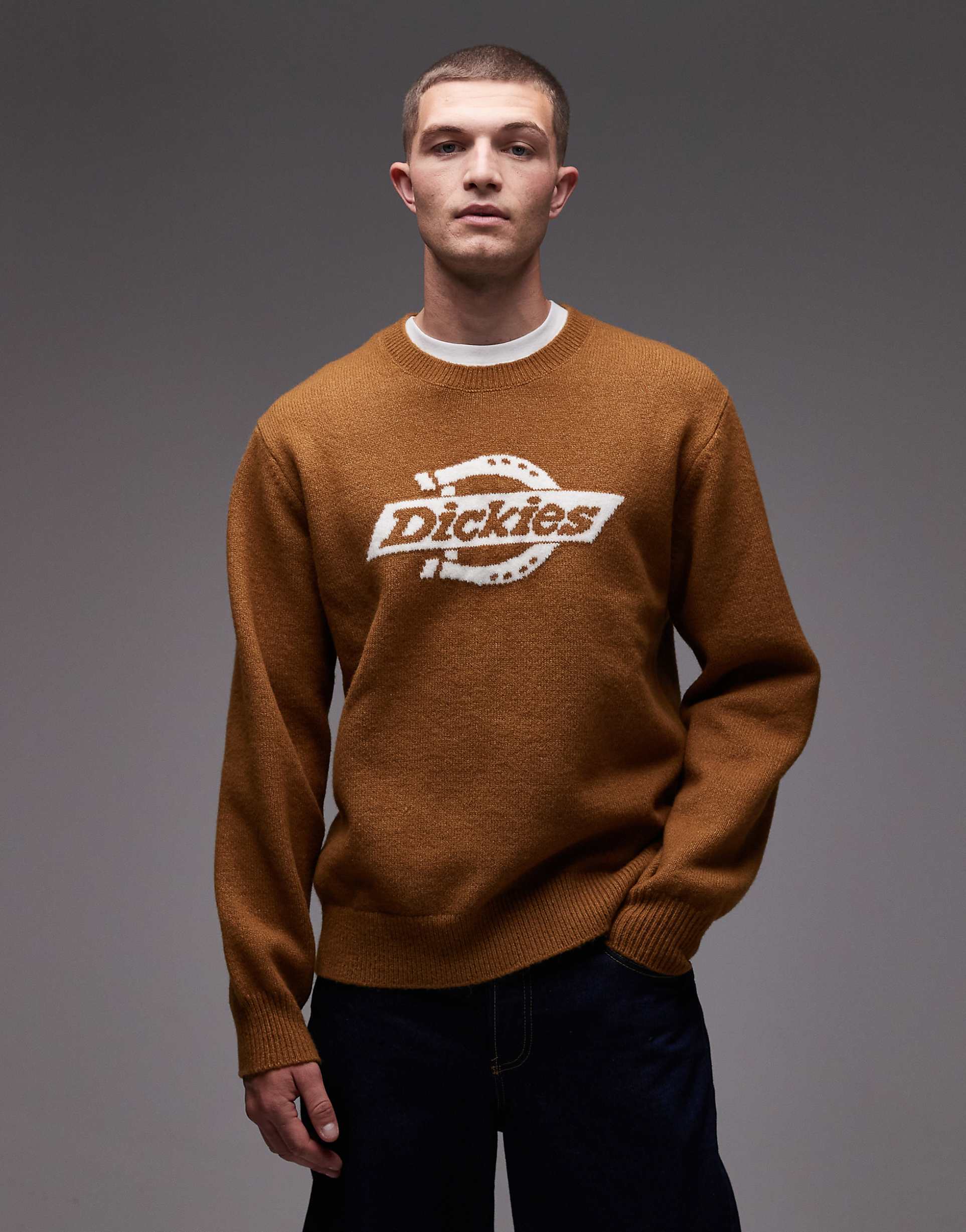 DICKIES 러스턴 니트 점퍼 대형 앞말굽 로고 브라운 탄
