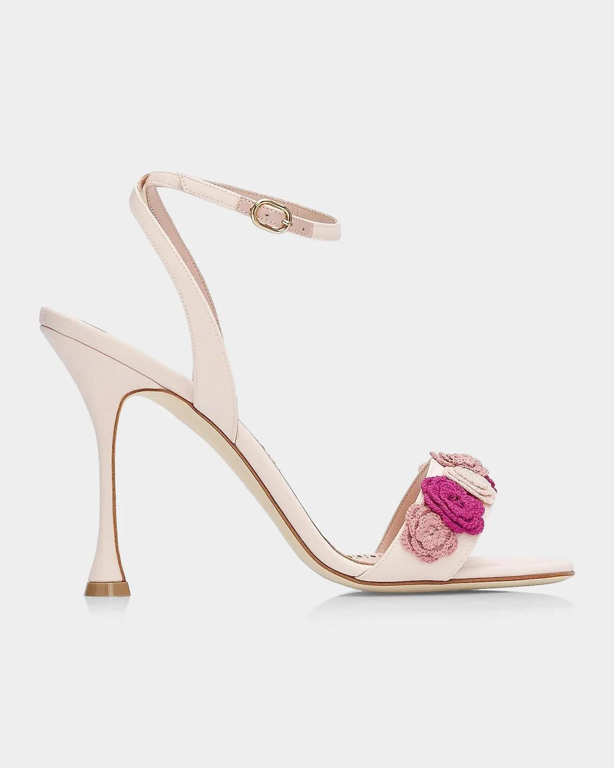 Manolo Blahnik 플로럴 아플리케 실크 스틸레토 샌들