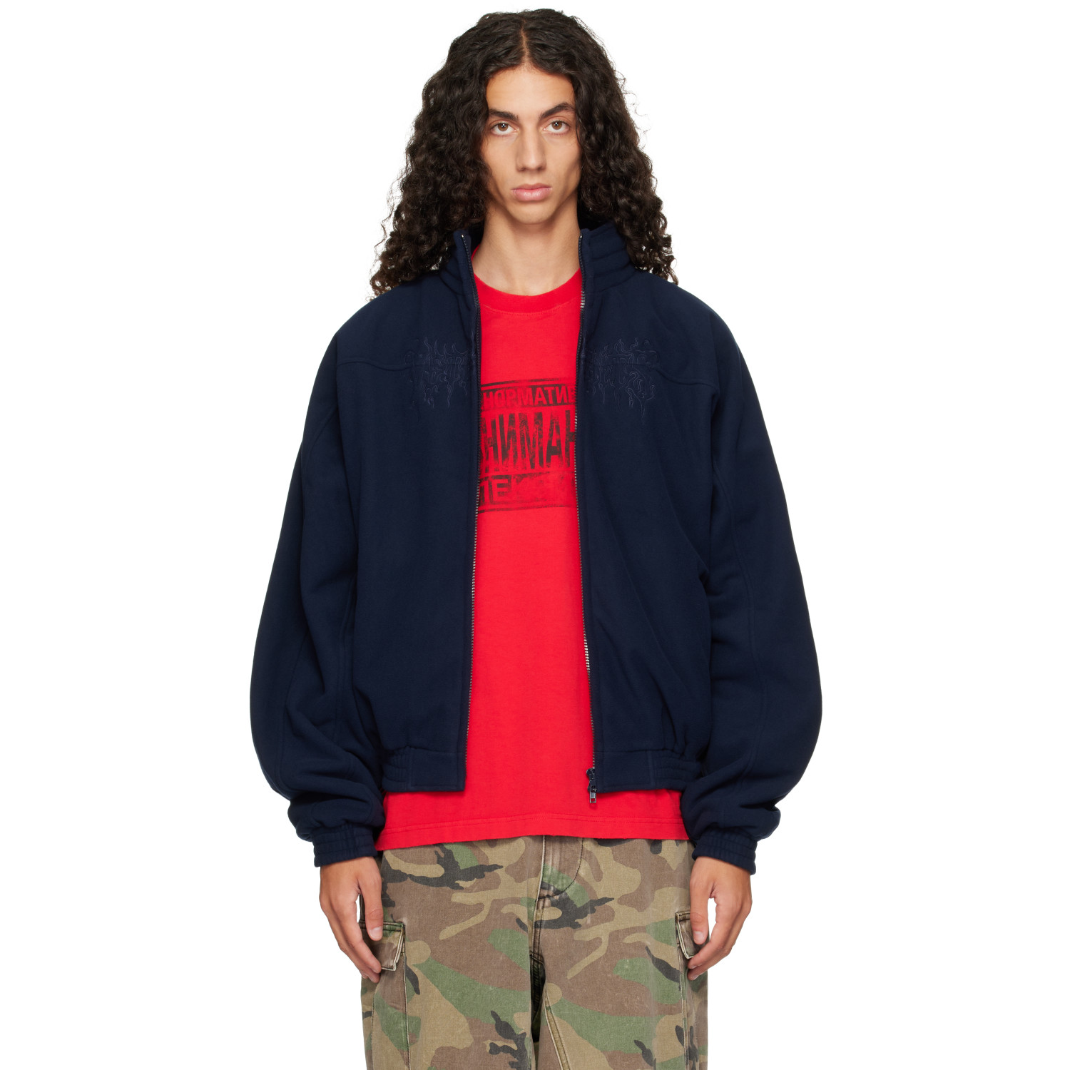 VETEMENTS 네이비 자수 메탈 로고 플리스 자켓