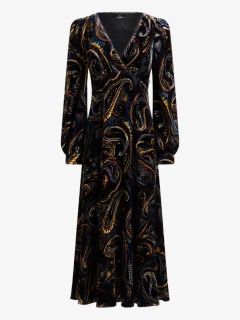 ETRO 벨벳 페이즐리 모티프 랩 미디 드레스