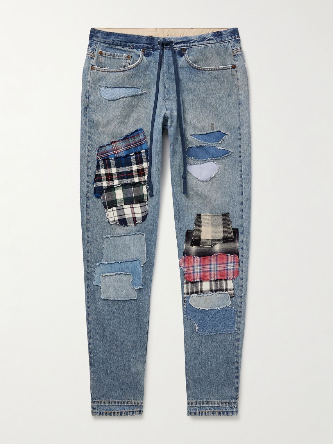 GREG LAUREN 슬림핏 테이퍼드 플란넬 패치워크 진