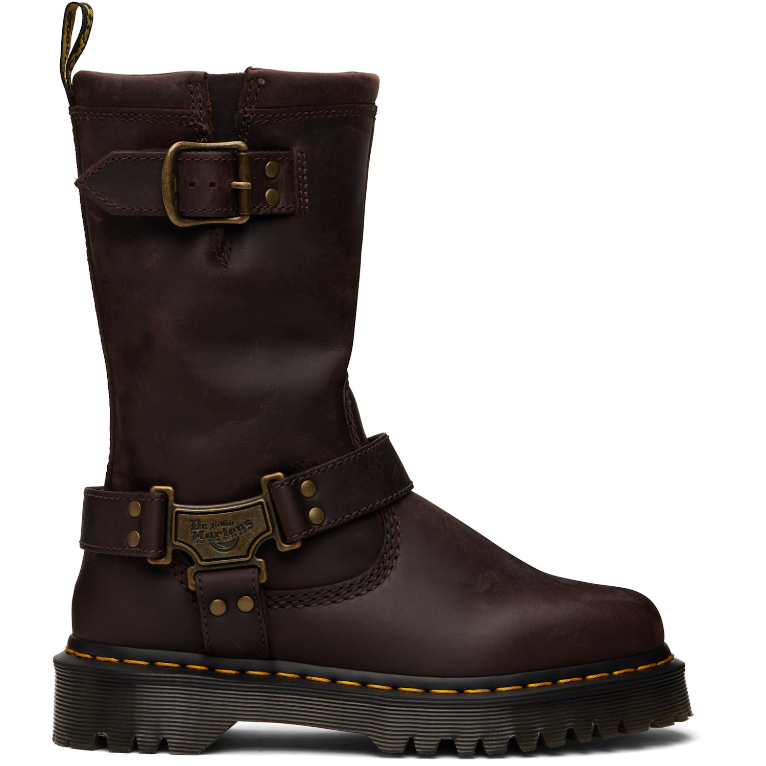 DR. MARTENS 브라운 아니스톤 하이 가죽 바이커 부츠