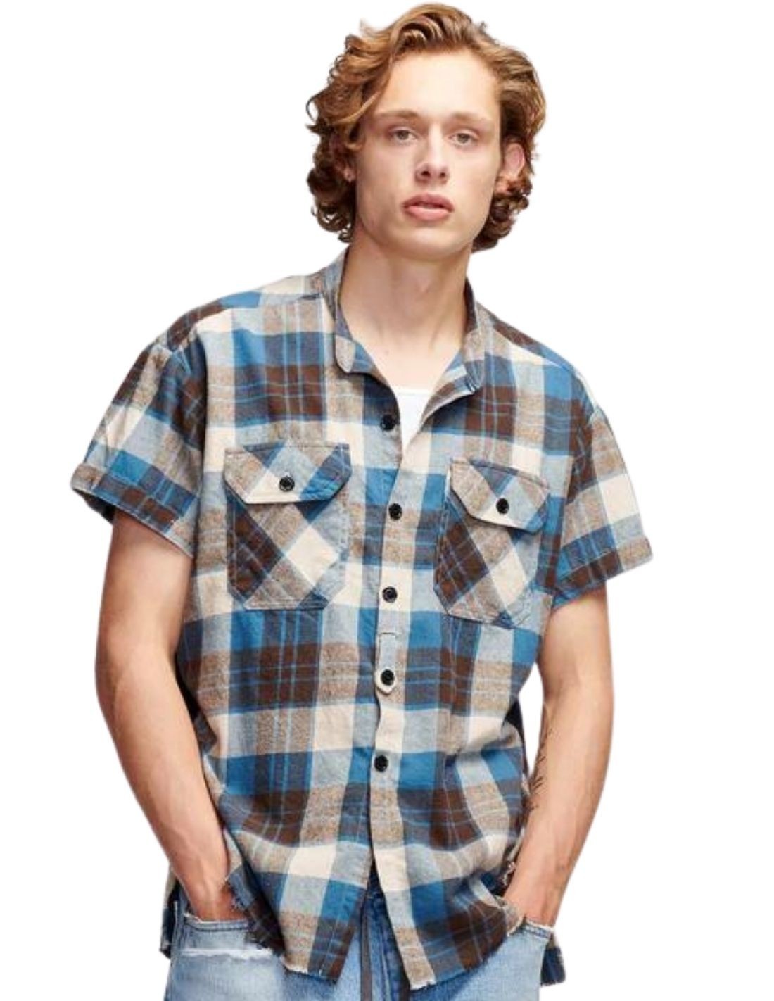 GREG LAUREN 블루 체크 셔츠