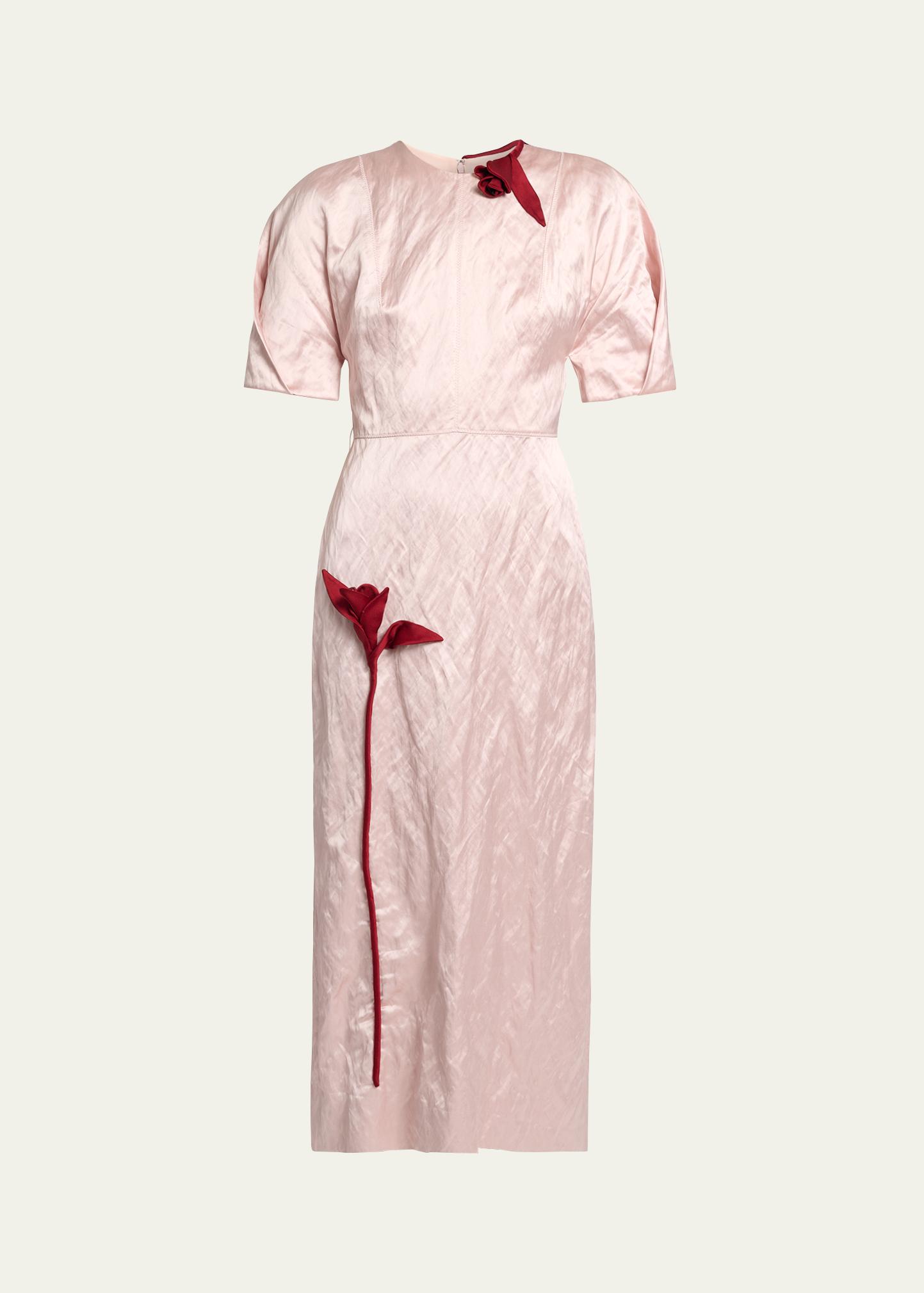ERDEM 튤립 아플리케 크링클 새틴 미디 드레스